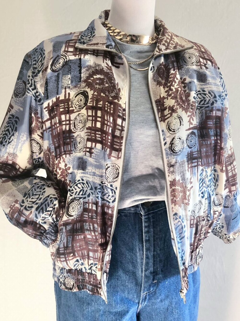 Vintage 90s EVR Brown Blue Silk Bomber Jacket Petite Size M